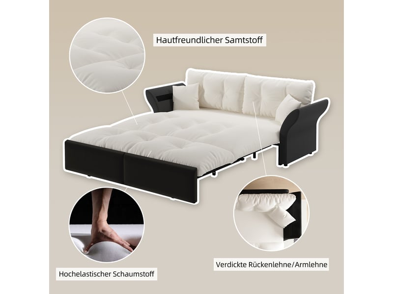  Canapé-lit convertible 3-en-1 190 cm queen-size, velours capitonné, 2 coussins, beigeblanc  - Conforama C