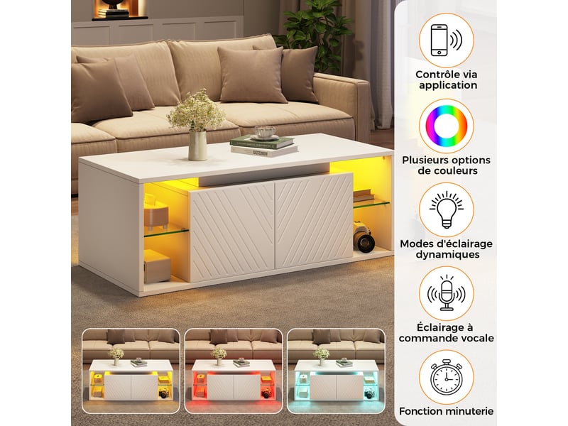  Table basse salon - lumières led - 100x50x41 cm - table basse led avec grand tiroir et compartiment - blanc  - Conforama E