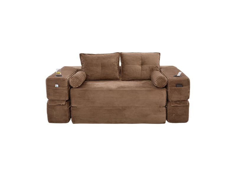 Canapé convertible 2 places avec couchage, poches latérales, porte-gobelet et coussins en velours côtelé marron - Conforama A