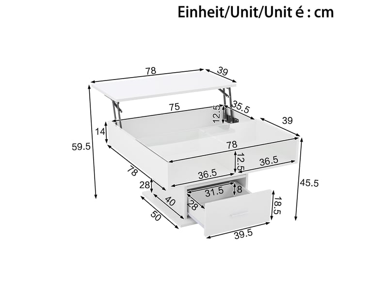  Table basse relevable avec led, rangement et tablette en verre, 78 x 78 cm, blanche  - Conforama C