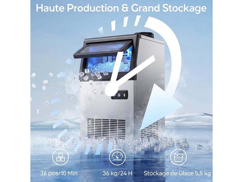  Machine à glaçons commerciale 36 kg24h, acier inoxydable, ice maker, capacité 5,5 kg, 36 cubes par 10 minutes,  - Conforama D