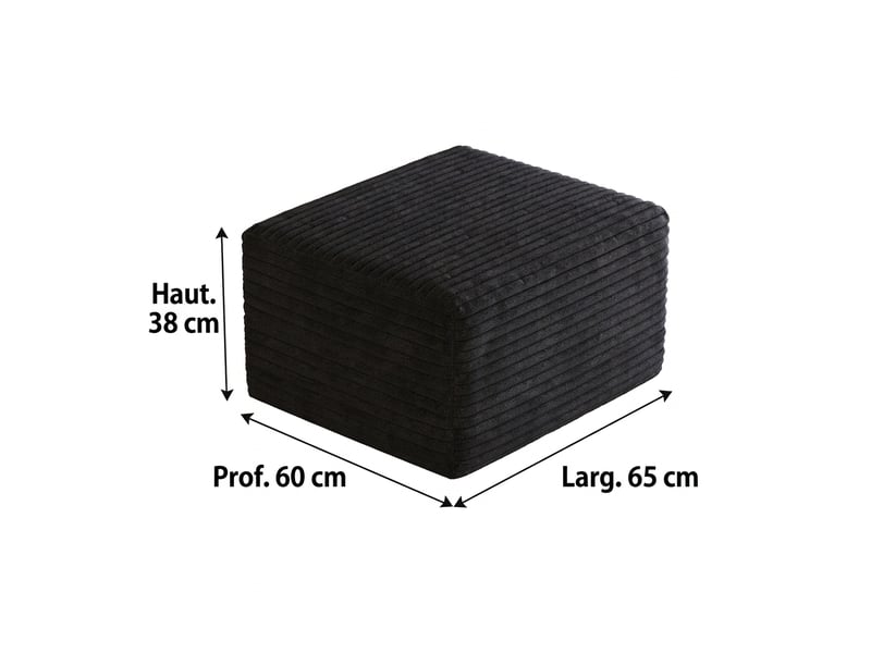  Pouf noir en velours côtelé, repose-pieds rembourré en mousse, 65 x 60 x 38 cm  - Conforama C