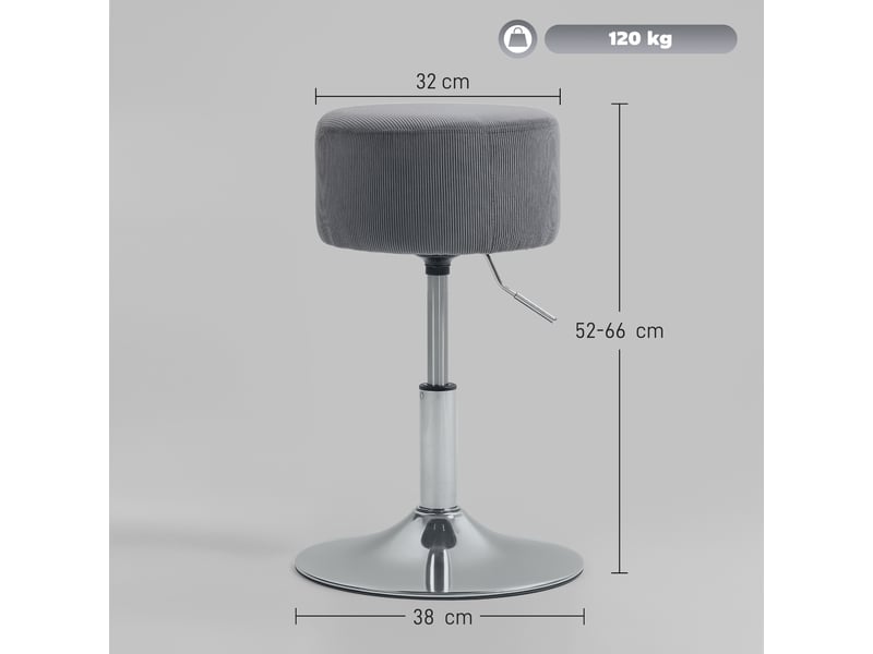  Tabouret de cuisine réglable en hauteur 52-66 cm, revêtu de velours côtelé, pivotant à 360°, gris  - Conforama E