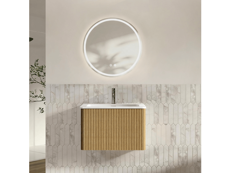 Meuble vasque suspendu 61 cm en bois clair avec miroir led rond réglable, 1 tiroir et vasque intégrée - Conforama B