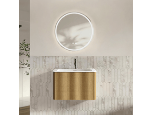 Meuble vasque suspendu 61 cm en bois clair avec miroir led rond réglable, 1 tiroir et vasque intégrée