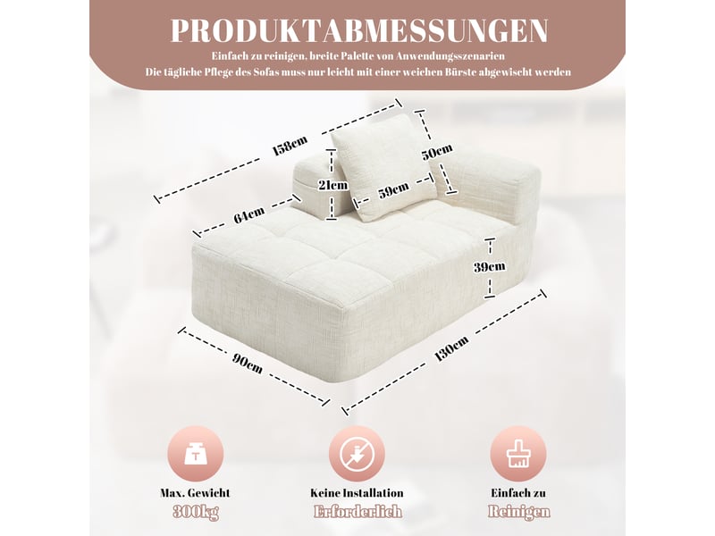  Canapé méridienne beige en chenille avec coussin inclus, poches latérales et assise moelleuse  - Conforama C