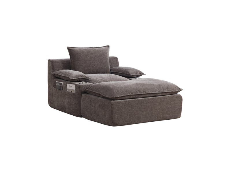 Chaise longue tcqpz 1 place en chenille gris 113 x 109 x 81 cm avec 4 coussins porte-gobelet et poche de rangement sans montage  - Conforama A