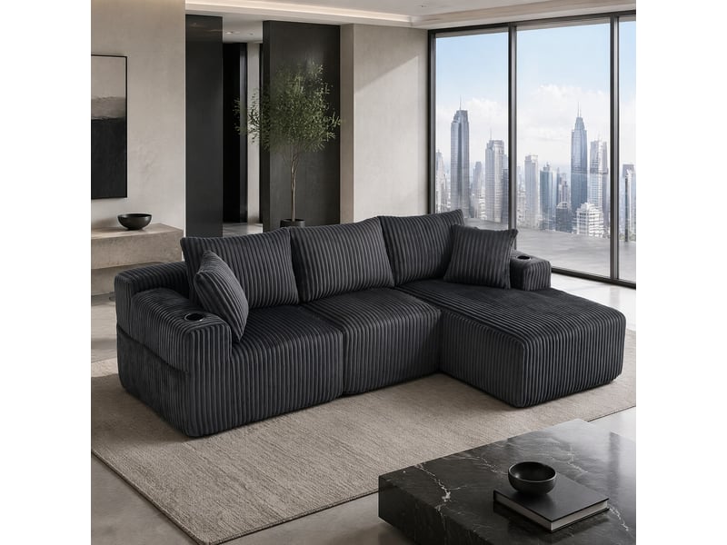  Canapé modulable 3 places avec méridienne en velours côtelé gris  - Conforama B