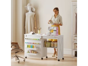 Table de couture pliable mobile 2 bacs 18 porte-bobines étagère blanc