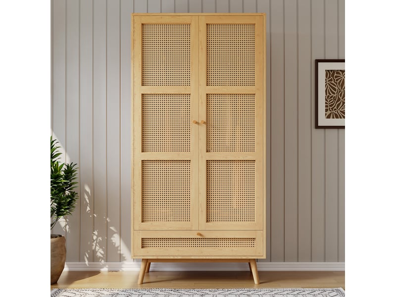  Armoire 2 portes avec penderie et rangement bas, 90 x 45 x 183 cm, naturelle  - Conforama E