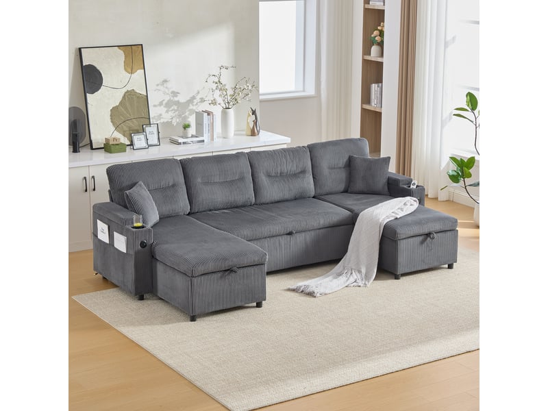 Canapé convertible 272x136x86 cm - extensible - 4 places - usb et usb-c - grand rangement - porte-gobelets - velours côtelé - gris anthracite CozyNest - Conforama B