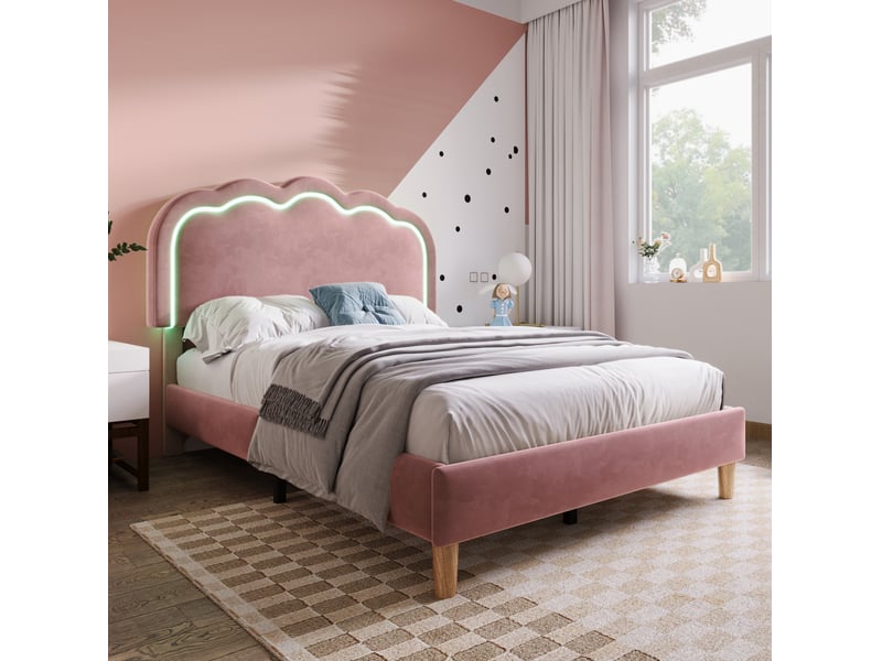  Lit simple led 90x190 cm en velours rose avec tête de lit réglable  - Conforama B