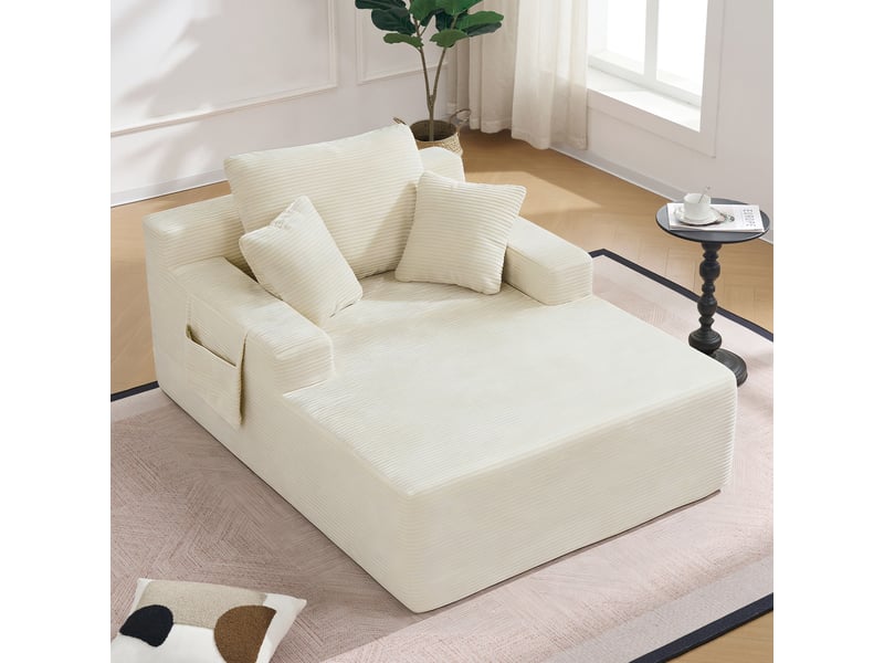 Canapé convertible 2 places en velours côtelé – assise profonde, coussins moelleux, poches de rangement, mousse haute densité – blanc crème - Conforama E