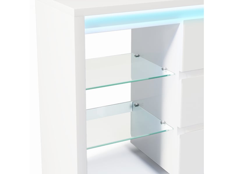 Buffet de rangement, avec 6 tiroirs, 4 étagères en verre et éclairage led, pour salon, bois, blanc brillant, 155×40×80 cm - Conforama E
