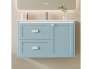 Meuble vasque mural salle de bain bleu 76 cm avec lavabo intégré, led et 2 tiroirs silencieux