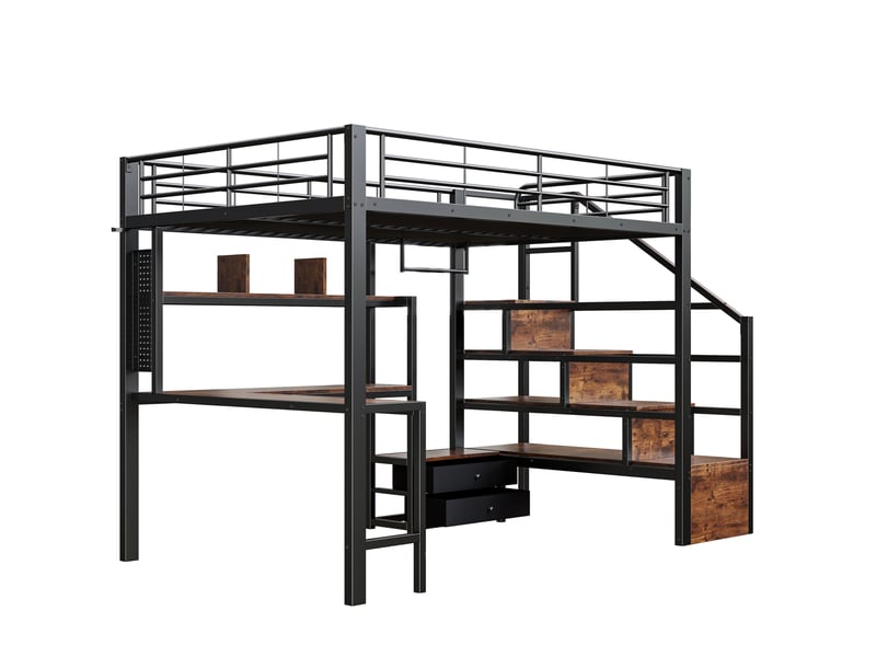 Lit mezzanine 140x200 cm métal noir avec led, bureau, tiroirs et rangements - Conforama D