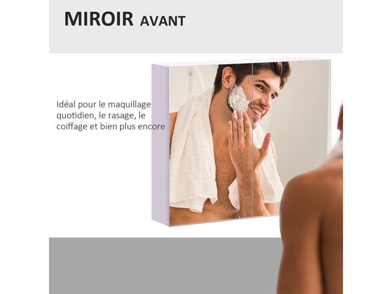  Armoire murale salle de bain avec miroir 70 x 60 cm avec étagère réglable, miroir salle de bain avec rangement, blanc  - Conforama R