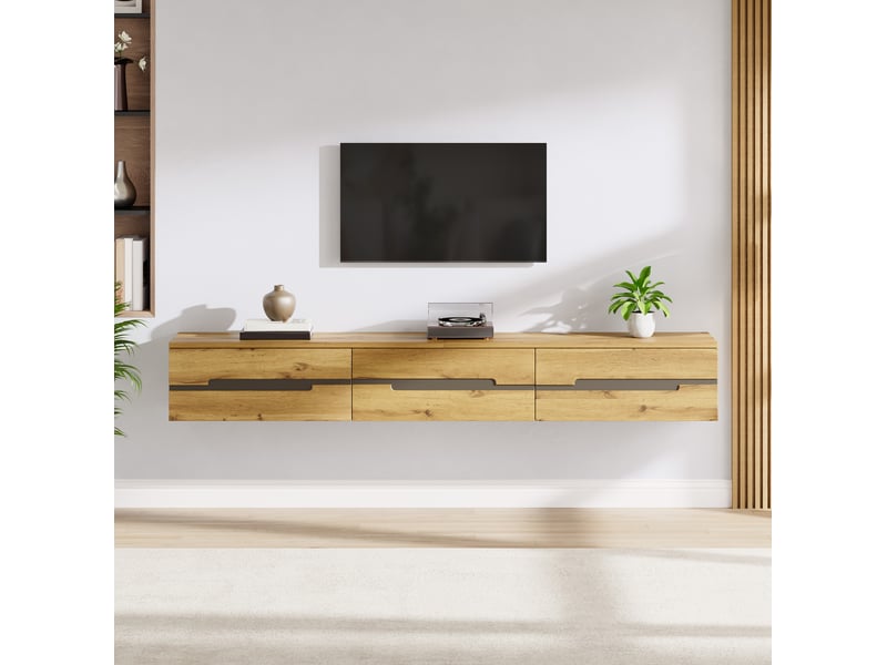  Meuble tv mural 160x30x25,5 cm avec 3 tiroirs, finition bois naturel  - Conforama D