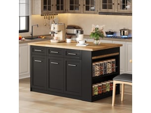 Îlot de cuisine muvano avec table escamotable, 150 x 90 x 90 cm, noir et effet bois