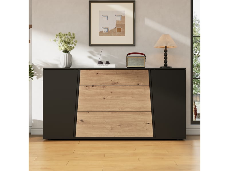  Buffet bas 140x35x70 cm avec 2 portes, 3 tiroirs, étagères réglables, sans poignées, noir et effet bois naturel, pour cuisine et salon  - Conforama B