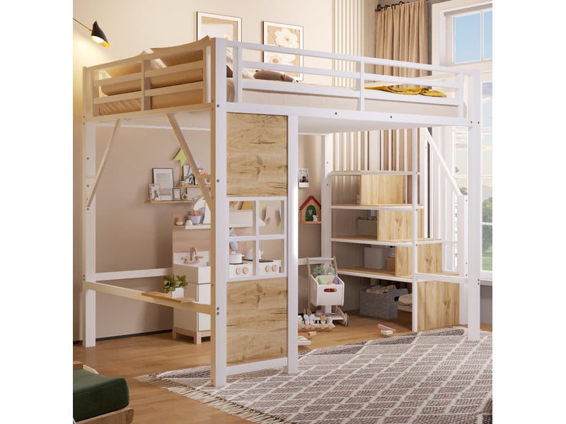  Lit surélevé 140x200 cm, blanc, mdf et métal, équipé de garde-corps et d'escalier de rangement, sans matelas  - Conforama B