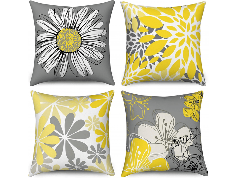  Housse de coussin jaune 45 x 45 cm set de 4, jaune et gris fleurs décoratives taies d'oreiller moderne marguerite ferme boho housse de coussin en lin Home cushion cover - Conforama A