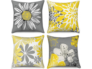 Housse de coussin jaune 45 x 45 cm set de 4, jaune et gris fleurs décoratives taies d'oreiller moderne marguerite ferme boho housse de coussin en lin