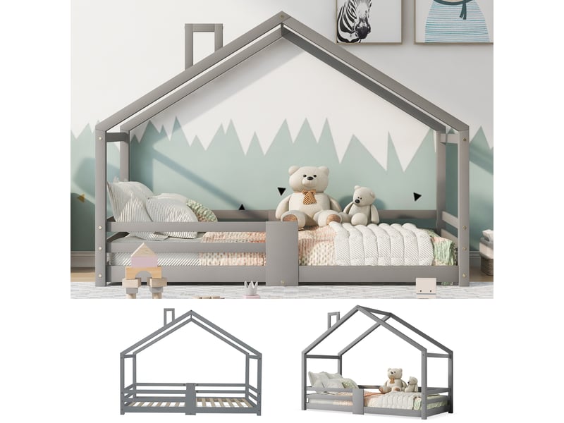 Lit enfant 90 x 200 cm - lit cabane sécurisé avec sommier à lattes - bois de pin - sans matelas - gris - Conforama C
