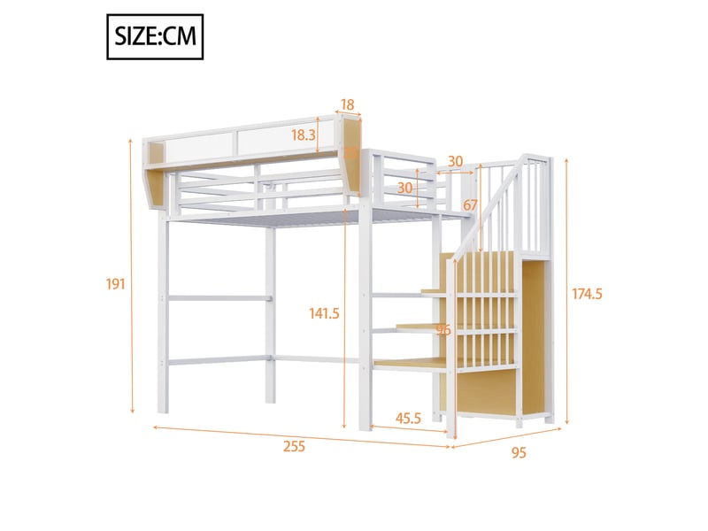  Lit mezzanine 90x200cm - lit single 90x200 en métal avec espace de rangement, led rgb, hampe de penderie et tiroir en tissu - blanc  - Conforama E