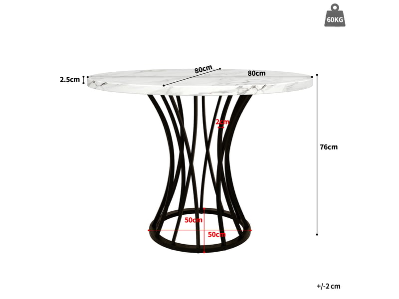 Table à manger ronde 80 x 80 x 76 cm, plateau mdf effet marbre et piètement noir - Conforama C