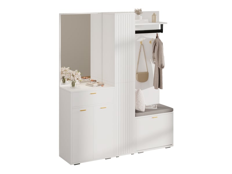  Vestiaire d'entrée 150x36x180 cm blanc en mdf et panneaux de particules, miroir, banc et rangement chaussures  - Conforama A