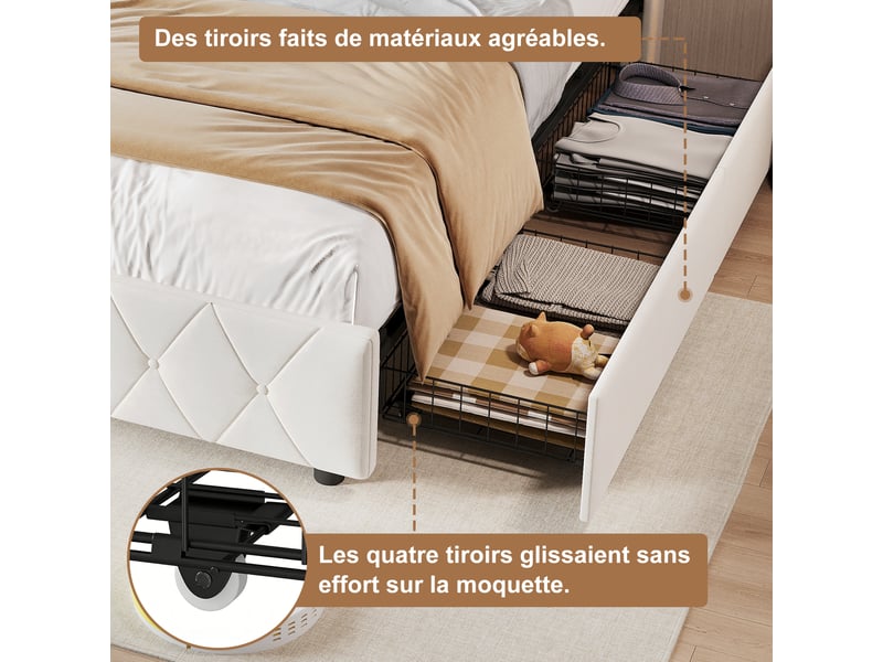 Lit simple rembourré 90x200 cm ,lit adulte avec led et 2 tiroirs ,ports usb ,tête de lit avec rangement ,velours ,beige  - Conforama W