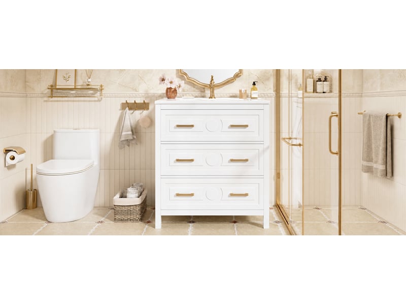  Meuble vasque autoportant 76 5 x 47 x 82 cm blanc céramique et mdf 3 tiroirs silencieux avec kit de montage evarich - Conforama B