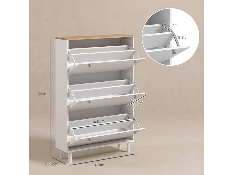  Meuble à chaussures 3 tiroirs rabattables blanc et coloris chêne 80x23,5x121 cm  - Conforama C