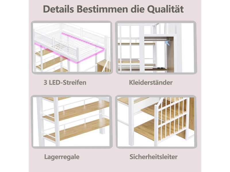  Lit mezzanine 90 x 200 cm éclairage led prise électrique structure en fer forgé compartiment de rangement bibliothèque intégrée  - Conforama E