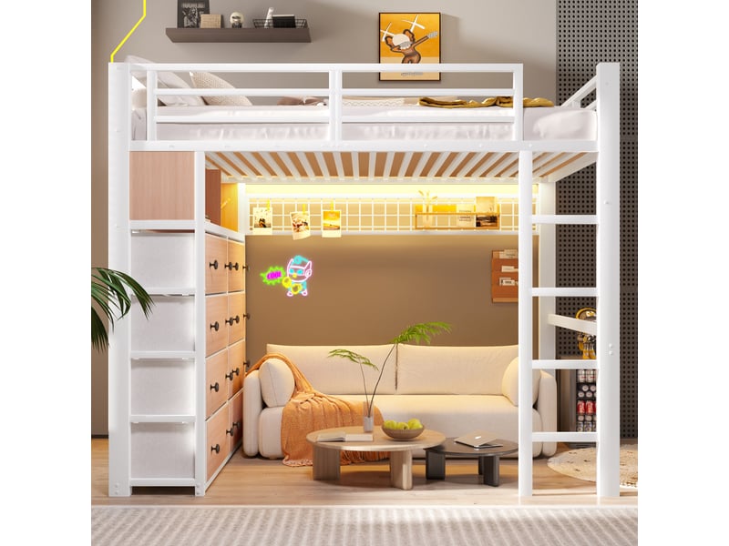  Lit mezzanine enfant 140x200 cm avec 8 tiroirs, led, étagères, panneau perforé et grand rangement sous lit, mdf et métal, blanc OMNIGLINT TRADING LTD - Conforama D