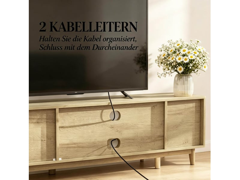  Meuble tv modenvie 135 x 39 x 45 cm avec rangements ouverts et portes en rotin chêne clair  - Conforama D