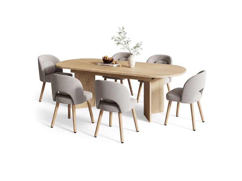  Ensemble table extensible 160200 x 90 cm et 6 chaises de salle à manger, plateau épais, coins arrondis, chaises en bois rembourrées, pivotantes à 360°, style épuré  - Conforama A
