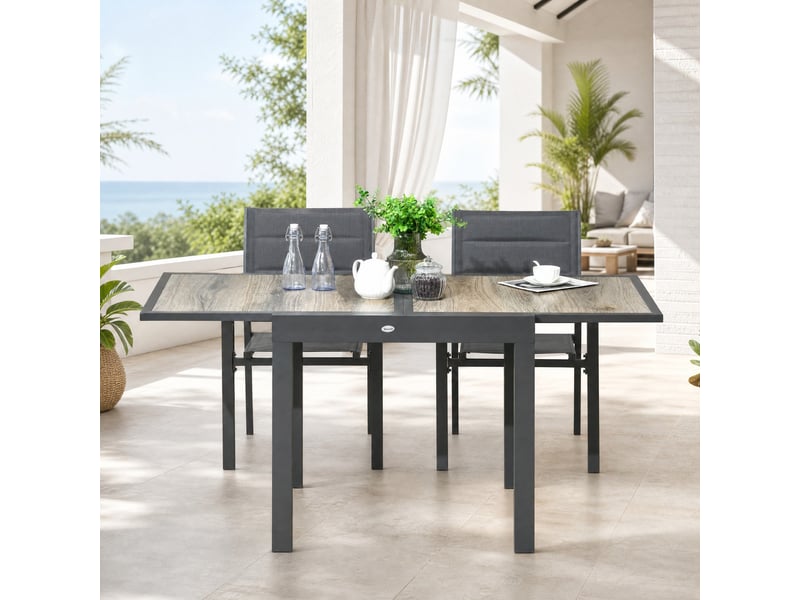  Table de jardin extensible 6 places beige et grise, plateau aspect bois 80 à 160 cm pour vos repas en plein air  - Conforama B