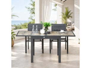 Table de jardin extensible 6 places beige et grise, plateau aspect bois 80 à 160 cm pour vos repas en plein air