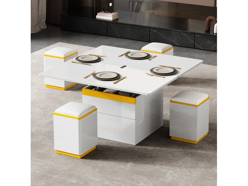  Table basse relevable pliante 100x50x43 cm, transformable en table repas, 4 tabourets, mdf particules, blanc et jaune  - Conforama D
