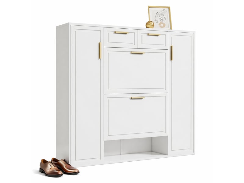  Meuble à chaussures avec 2 tiroirs, portes et étagères réglables pour entrée en mdf 120×24×107 cm blanc  - Conforama A