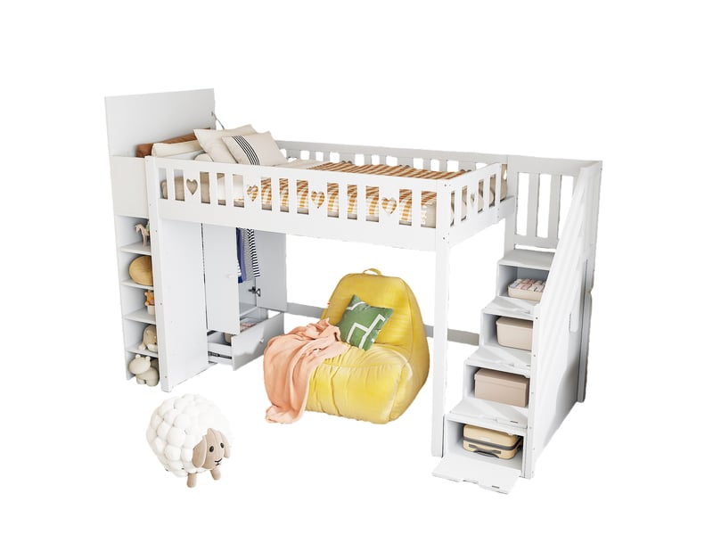 Lit mezzanine 90x200 cm - lit combiné pour enfant avec échelle, rangement intégré et espace de stockage, bois de pin - blanc - Conforama A