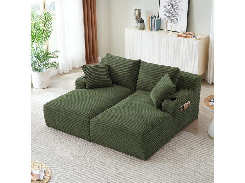 Canapé droit 2 places vert en velours côtelé, double chaise longue, porte-gobelets, sans montage Fay Lum - Conforama B