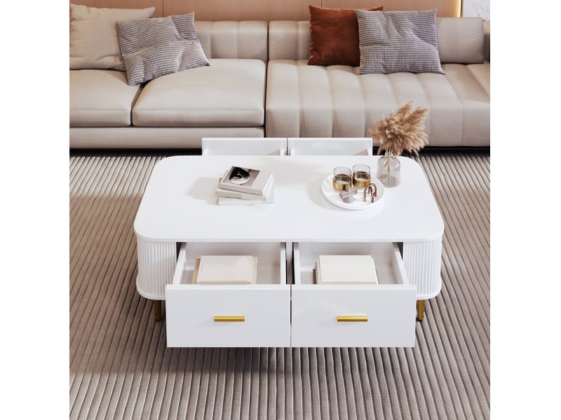  Table basse 4 tiroirs 105 x 51 x 38 cm en mdf blanc avec détails dorés  - Conforama B