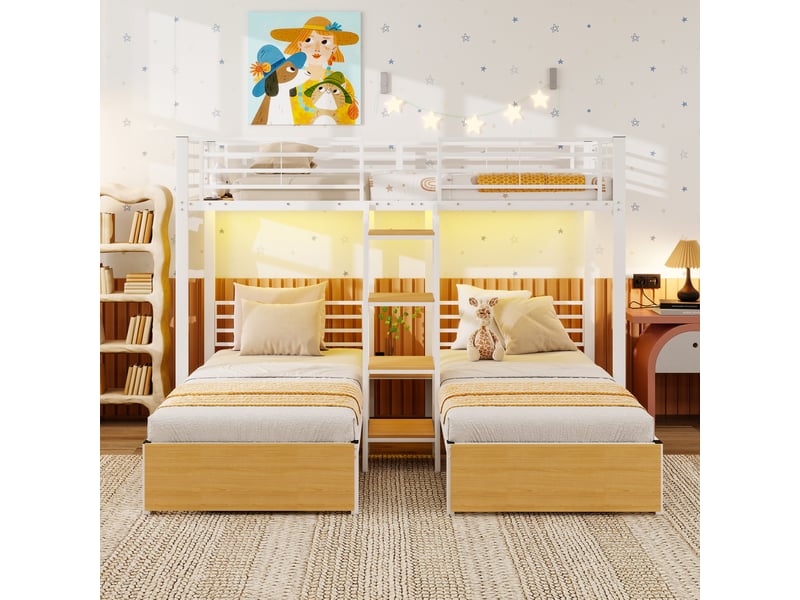  Lit superposé 90x200 cm 3 couchages en l avec échelle intégrée, garde-corps et bibliothèque, lit triple gain de place en métal et mdf blanc brillant  - Conforama C
