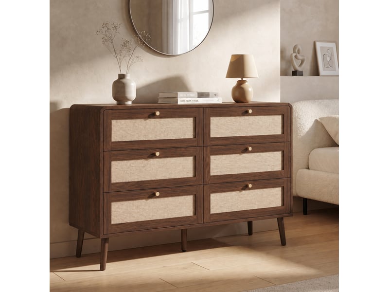  Commode 120x40x80 cm avec 6 tiroirs et façades effet rotin, coloris noyer  - Conforama E