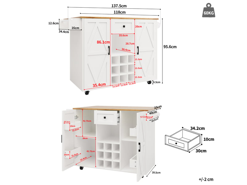  Desserte de cuisine blanche 137,5 cm avec plateau rabattable, rangements et roulettes  - Conforama C
