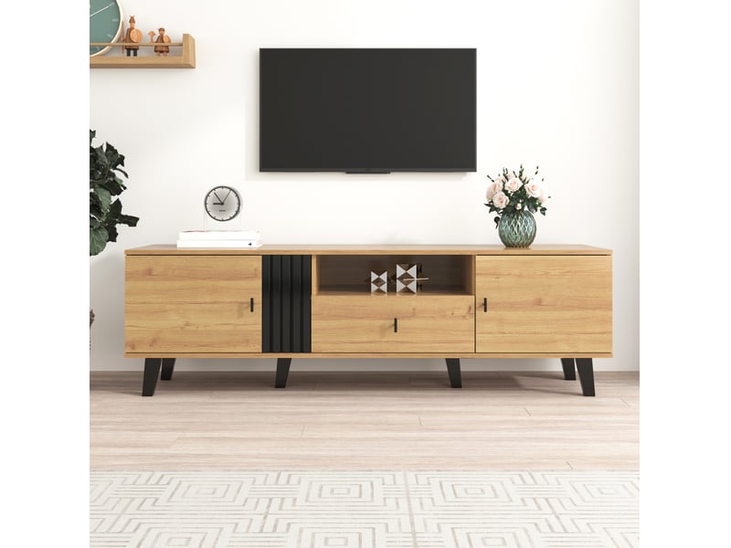  Meuble tv modenvie 170 x 40 x 50,5 cm 2 portes 1 tiroir noir et décor bois  - Conforama B