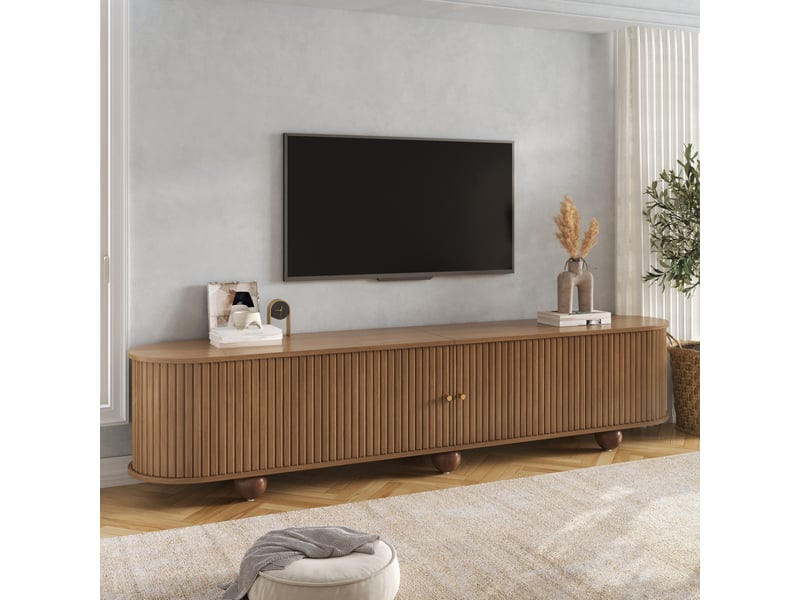  Meuble tv rétro avec 2 portes coulissantes, étagère, passe-câbles et pieds boule métalliques pour salon en mdf marron  - Conforama B
